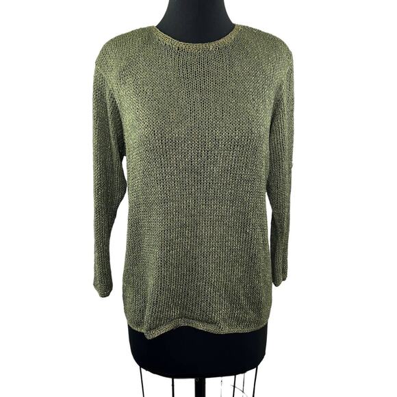Vintage Ann McKenna Green Crochet Sweater Back Button Crew Long Sleeve Pullover - Picture 1 of 7